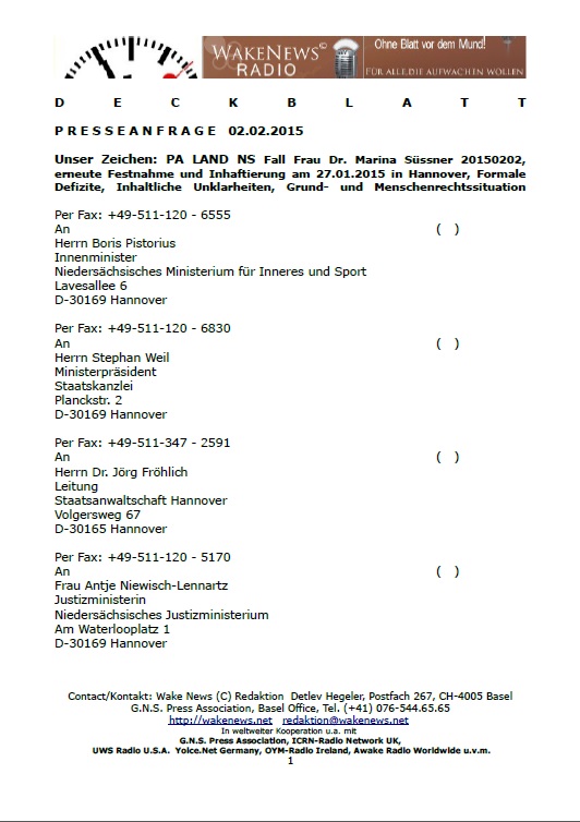 Deckblatt Presseanfragen an das Land Niedersachsen zur Inhaftierungvon Frau Dr. Marina Süssner 20150202