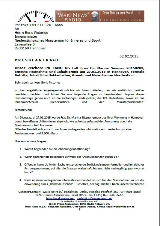 Presseanfragen an Boris Pistorius Land Niedersachsen zur Inhaftierungvon Frau Dr. Marina Süssner 20150202 p1